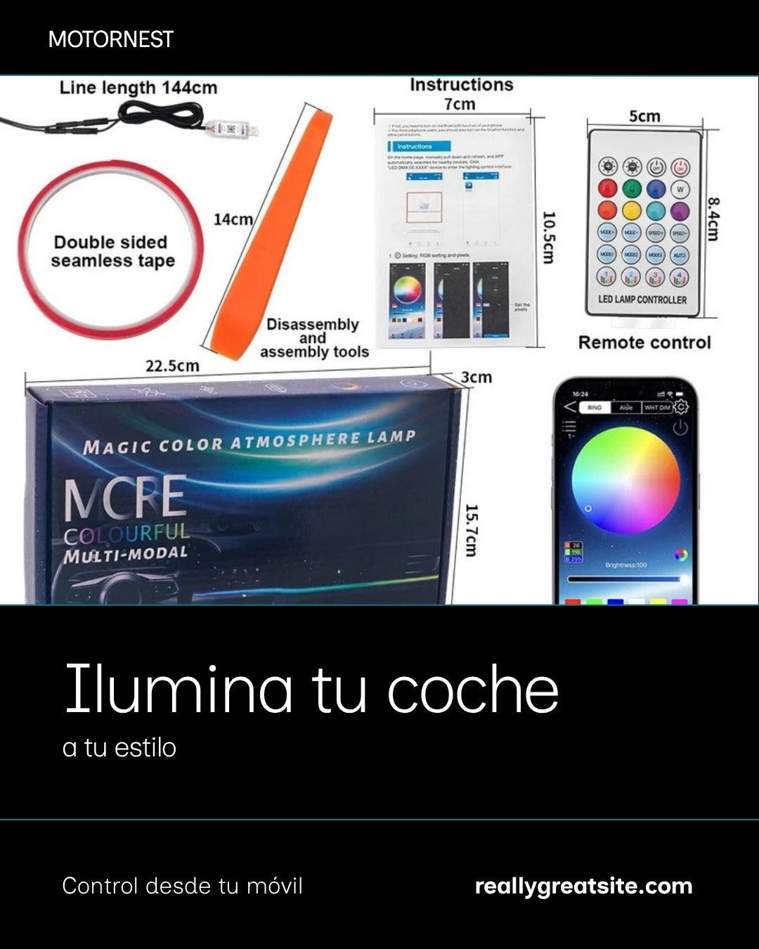 Interior de coche iluminado con luces LED ambientales MotorNest: control por app, modo música y millones de colores
