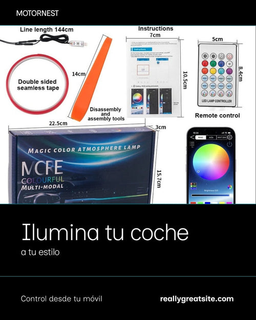 Interior de coche iluminado con luces LED ambientales MotorNest: control por app, modo música y millones de colores