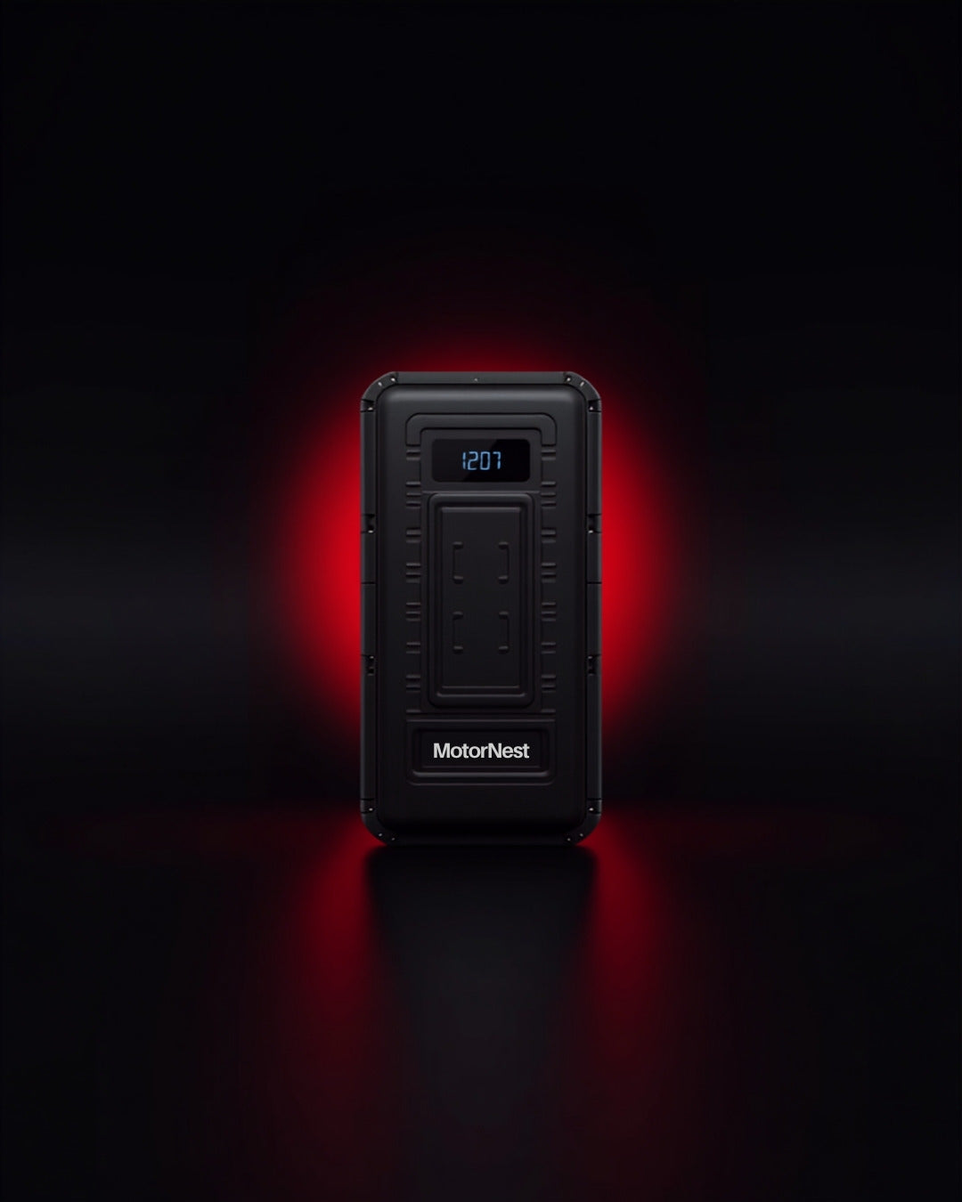 Arrancador de batería portátil 3 en 1 MotorNest sobre fondo premium oscuro