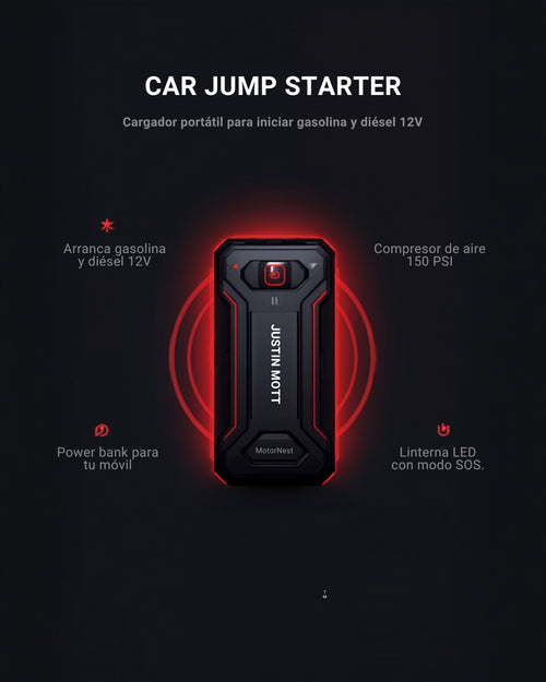 Infografía de características del arrancador 3 en 1: gasolina y diésel, compresor 150 PSI, power bank y linterna LED